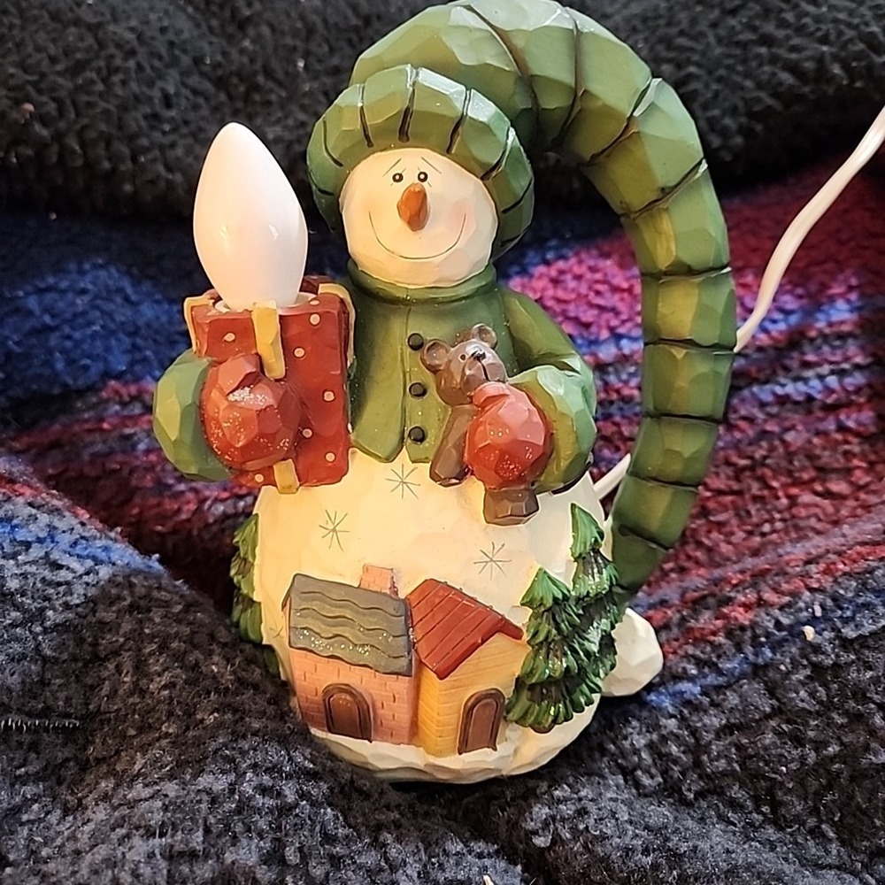 Resin Snowman Lamp Night Light Christmas Green Hat Holiday Winter Table‎ Decor